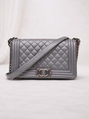 Authentic Chanel Boy Bag Metallic Silver Quilted LeatherFlap CC Logo Chain Strap